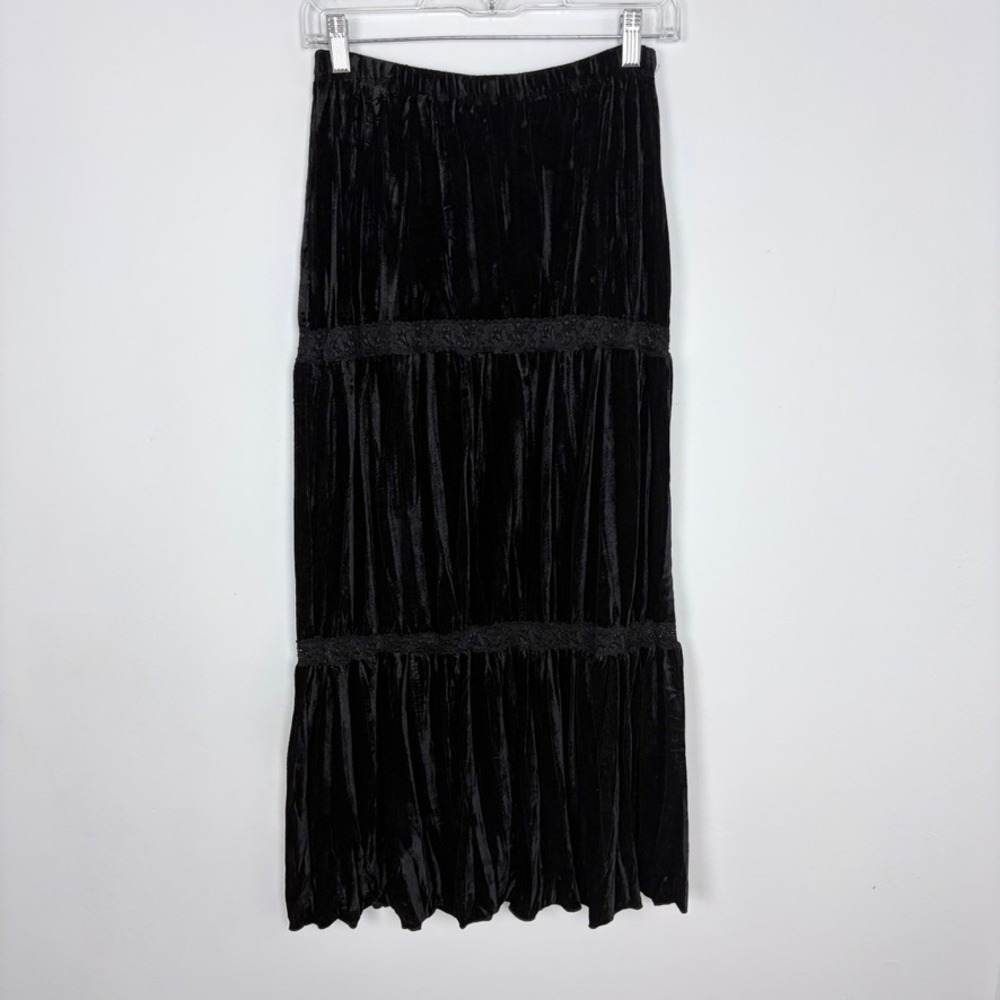 Lapis Y2K Velvet Tiered Maxi Skirt Black Lace Whimsygoth Dark Fairy Size Small